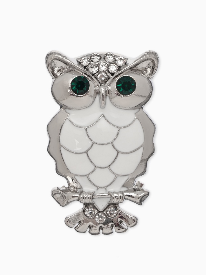 Брошь «Сова», цвет зелёно-белый в серебре - Фото 1
