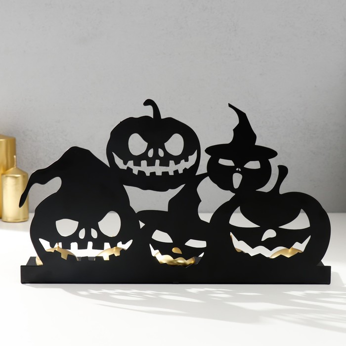 Подсвечник металл на 5 свечей "Хэллоуин. Тыквы" чёрный 12,5х29,5х6 см - Фото 1
