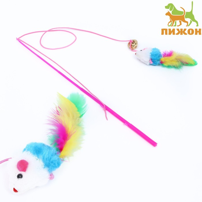 Дразнилка-удочка "Цветная мышка", 32 см, белая/синяя мышь на розовой ручке - Фото 1
