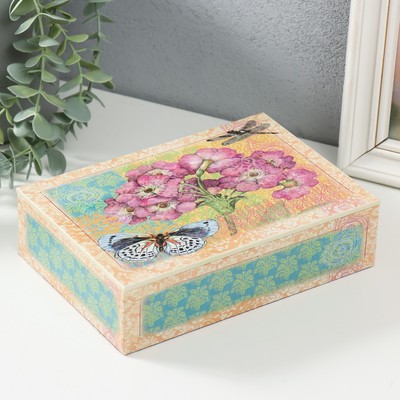 Шкатулка для украшений «Гардения, бабочка и стрекоза», дерево, 19×13×5 см