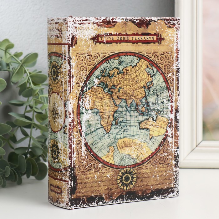 Шкатулка-книга дерево, кожзам "Атлас мира с компасом" 4,5х13х18 см - Фото 1