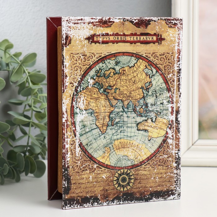 Шкатулка-книга дерево, кожзам "Атлас мира с компасом" 4,5х13х18 см