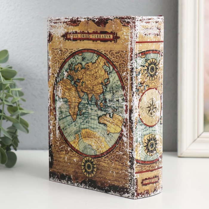 Шкатулка-книга дерево, кожзам "Атлас мира с компасом" 4,5х13х18 см