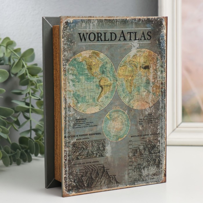 Шкатулка-книга дерево, кожзам "Атлас мира" 4,5х13х18 см