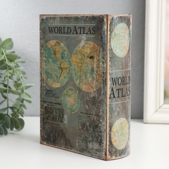Шкатулка-книга дерево, кожзам "Атлас мира" 4,5х13х18 см