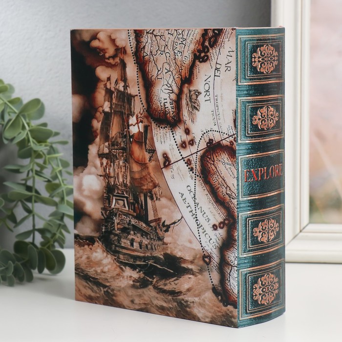 Шкатулка-книга дерево, кожзам "Корабль и карта" 6х15х20 см