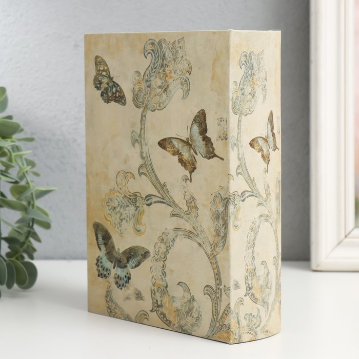 Шкатулка-книга дерево, кожзам "Сказочные цветы и бабочки. Винтаж" 4,5х13х18 см