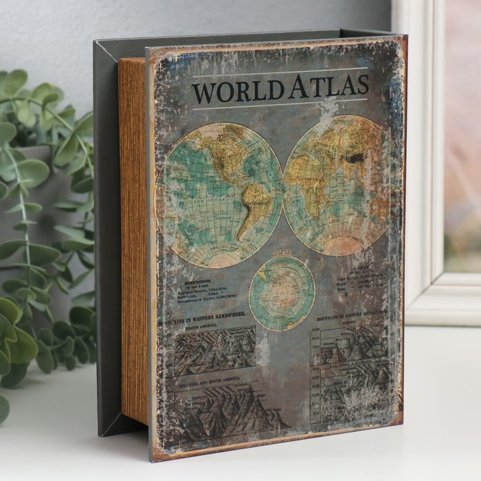Шкатулка-книга дерево, кожзам "Атлас мира" 6х15х20 см