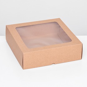 Коробка складная, крышка-дно, с окном, крафт, 25 х 25 х 7,5 см,