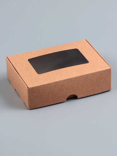 Коробка складная, крышка-дно, с окном, крафт, 14×10×4 см