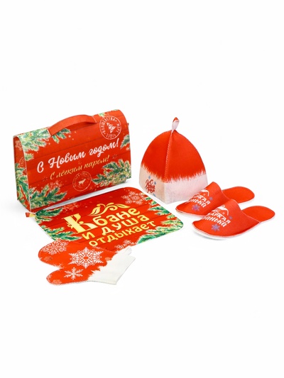 Набор для бани с принтом «С новым годом!», 5 предметов: шапка, рукавица, тапочки, коврик, портфель, красный, «Банная забава»