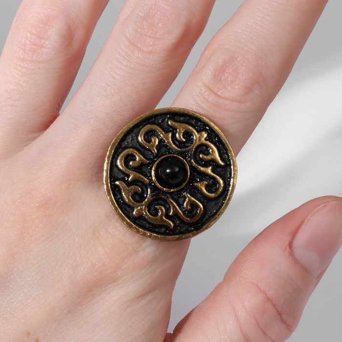 Кольцо "Этника" узорчатый круг, цвет чёрный в чернёном золоте, безразмерное
