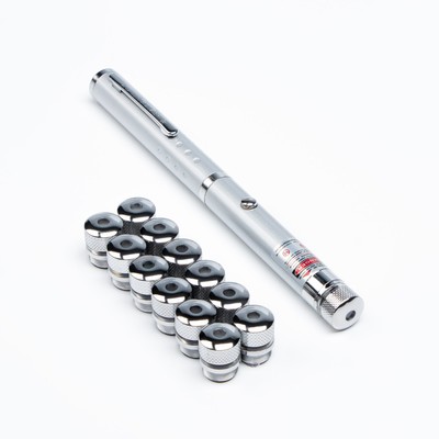 Лазерная указка, 532 нм, 12 насадок, от батареек 2×ААА, красный луч