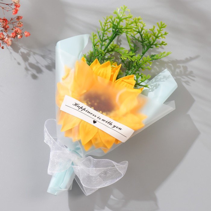 Мини-букет из мыльных лепестков для ванны «Подсолнух с зеленью», подарочный, 13 см - Фото 1