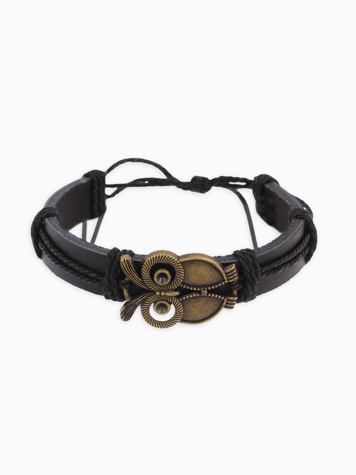 Браслет кожа «Стиль» сова, цвет чёрный в чернёном золоте, d=6 см - Фото 1