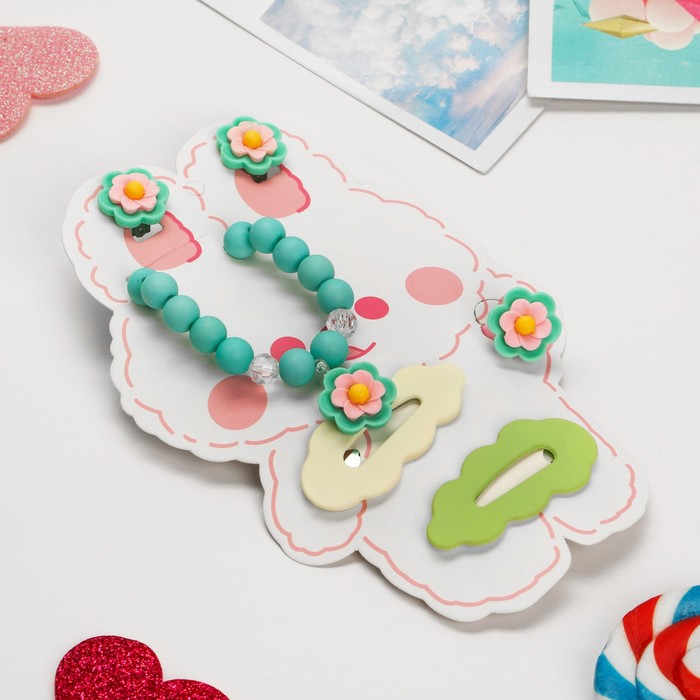 Комплект детский"Выбражулька"5 пр-тов:2 заколки,клипсы,браслет,кольцо,цветы,цветн