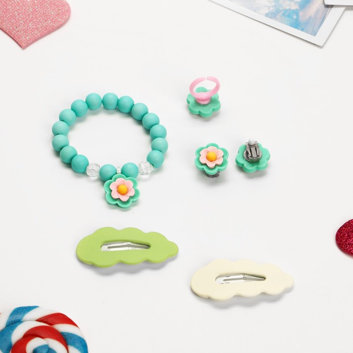 Комплект детский «Выбражулька» 5 предметов: 2 заколки, клипсы, браслет, кольцо, цветы, цветной - фото 1910870228