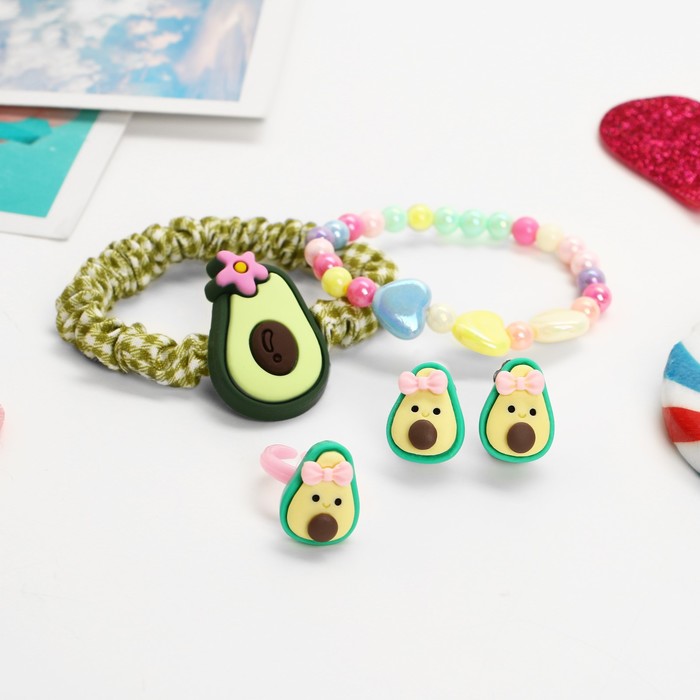 Комплект детский "Выбражулька" 4 пр-та: резинка, клипсы, браслет, кольцо, авокадо, цветной
