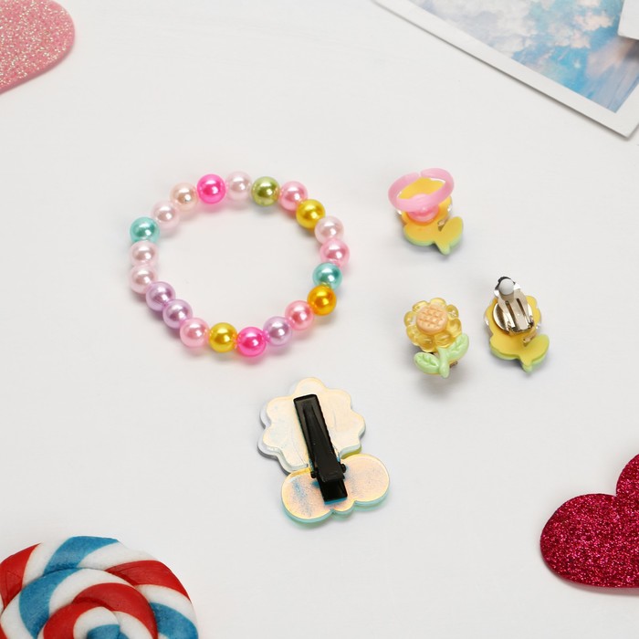 Комплект детский «Выбражулька» 4 предмета: заколка, клипсы, браслет, кольцо, цветочки, цветной - фото 1910870235