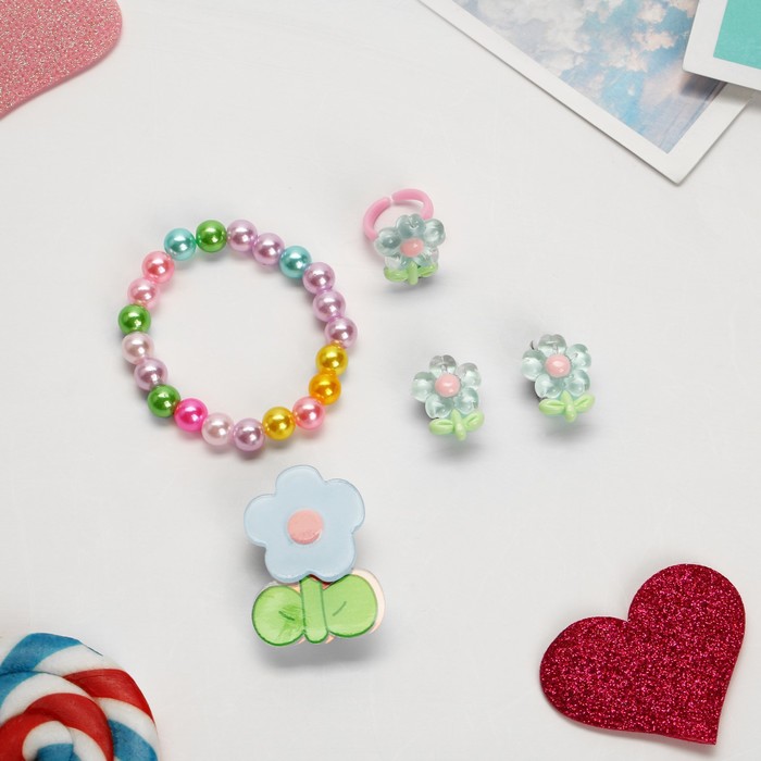 Комплект детский «Выбражулька» 4 предмета: заколка, клипсы, браслет, кольцо, цветики, цветной - фото 1910870237