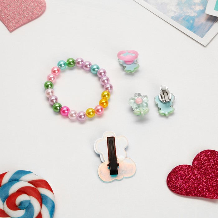 Комплект детский «Выбражулька» 4 предмета: заколка, клипсы, браслет, кольцо, цветики, цветной - фото 1910870238