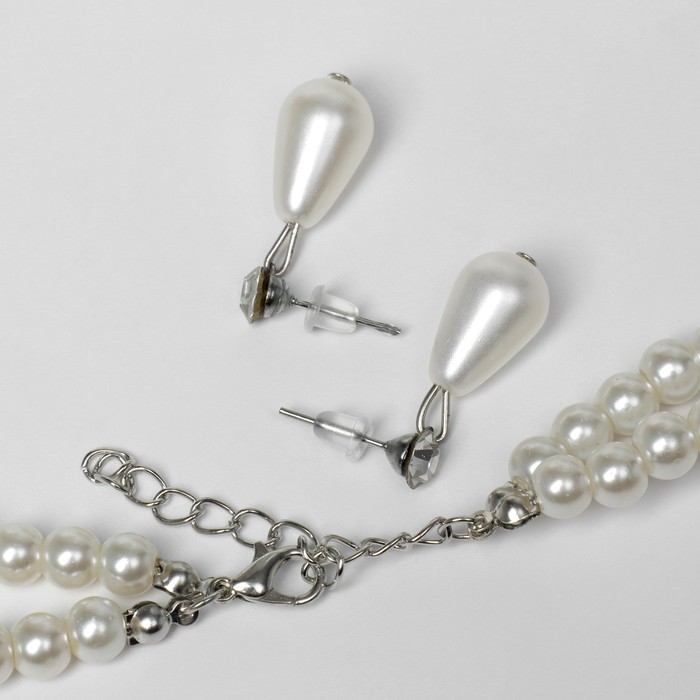 Набор 2 предмета: серьги, колье "Леди" 2 нити, капля, цвет белый в серебре, 45 см