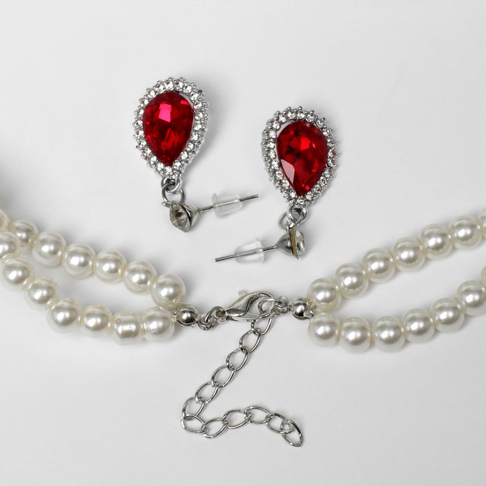 Набор 2 предмета: серьги, колье "Катрин" красная вставка, цвет белый в серебре, 45 см