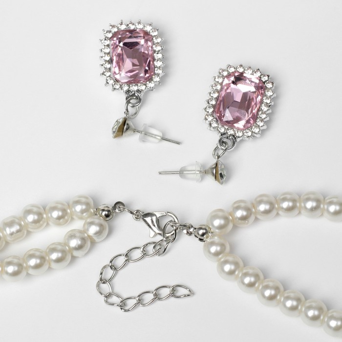 Набор 2 предмета: серьги, колье "Катрин" розовая вставка, цвет белый в серебре, 45 см