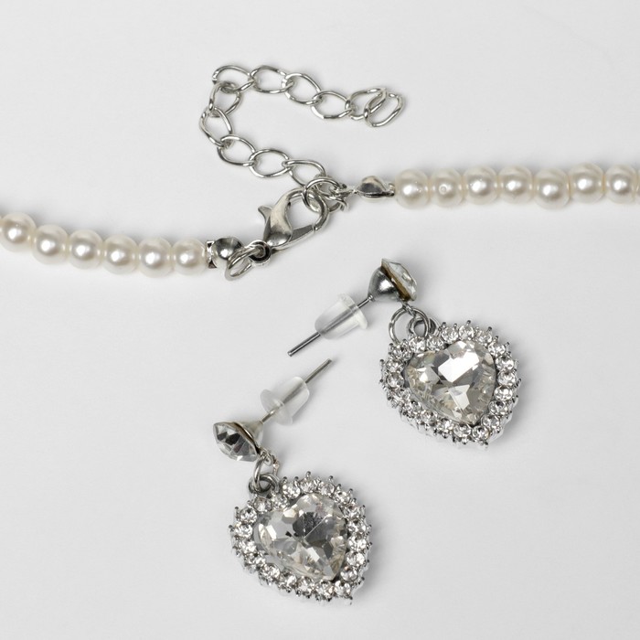 Набор 2 предмета: серьги, колье "Катрин" сердца, цвет белый в серебре, 45 см