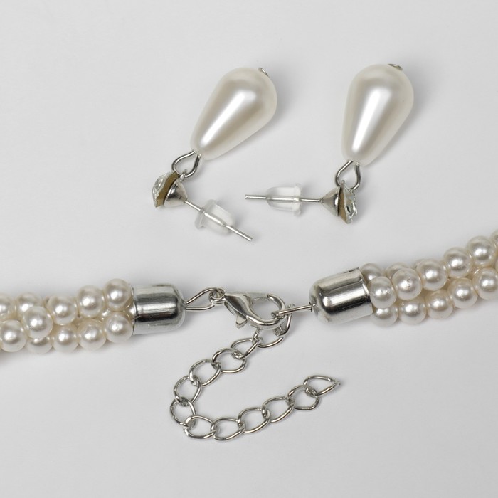 Набор 2 предмета: серьги, колье "Леди" кручение, капли, цвет белый в серебре, 45 см
