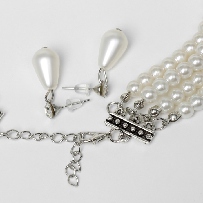 Набор 2 предмета: серьги, колье "Леди" 4 нити, цвет белый в серебре, 45 см