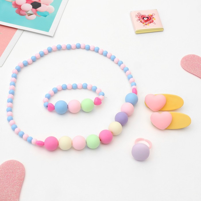Комплект детский "Выбражулька" 5 предметов: 2 заколки, бусы, браслет, кольцо, сердце, цветной