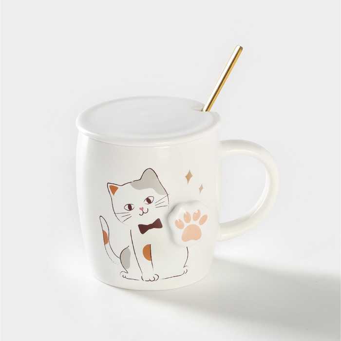 Кружка керамическая с крышкой и ложкой «Кошечка», 350 мл, цвет белый - Фото 1