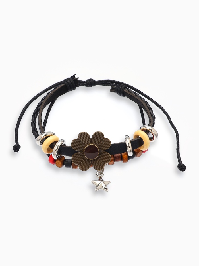 Браслет кожа «Цветок со звездочкой» хиппи, коричнево-чёрный, 6 см - Фото 1