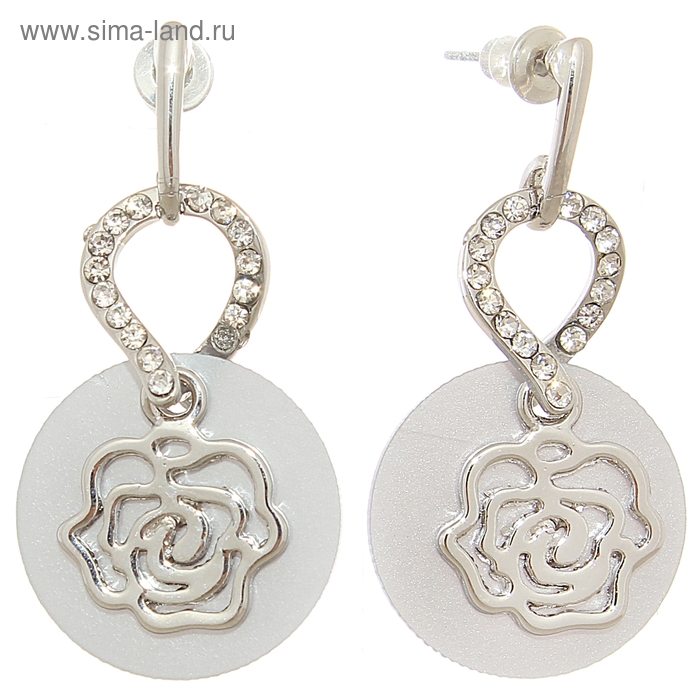 Серьги-ассорти "Цветок в круге" роза, цвет серый в серебре - Фото 1