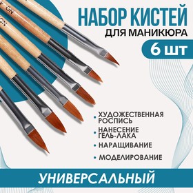 Набор кистей для наращивания и дизайна ногтей, форма лепесток, 6 шт, 19,5 см, цвет коричневый
