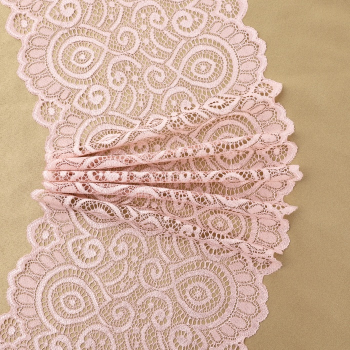 Кружевная эластичная ткань, 190 мм × 2,7 ± 0,5 м, цвет розово-бежевый