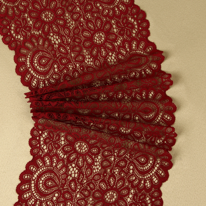 Кружевная эластичная ткань, 190 мм × 2,7 ± 0,5 м, цвет бордовый