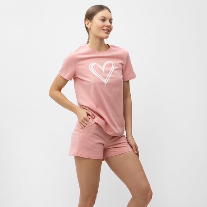 Комплект домашний женский (футболка,шорты), цвет розовый, размер 44 - фото 1909400105