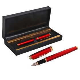Ручка подарочная перьевая в кожзам футляре ПБ S, корпус красный метал.  с золотом