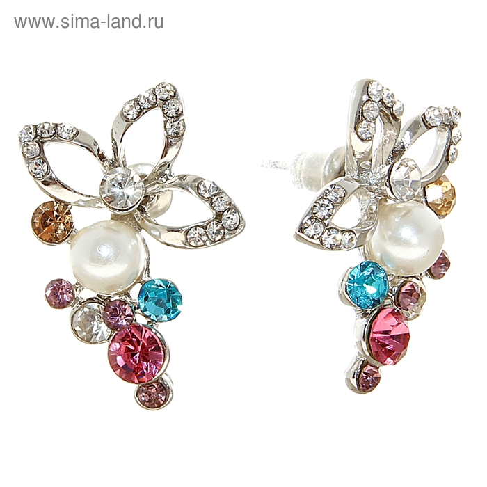 Серьги с жемчугом «Цветок с жемчужиной», цветные в серебре - Фото 1