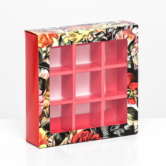 Коробка под 9 конфет с обечайкой , "Цветочки" 13,8 х 13,8 х 3,8 - Фото 1