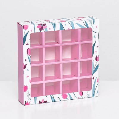 Коробка для 16 конфет, «Тюльпаны» 17.7×17.7×3.8 см