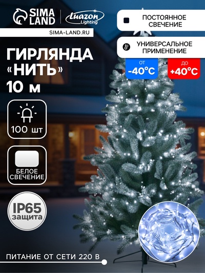 Гирлянда «Нить» 10 м, IP65, УМС, белая каучуковая нить, 100 LED, свечение белое, 220 В