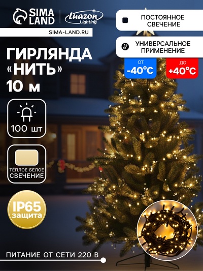 Гирлянда «Нить» 10 м, IP65, УМС, тёмная каучуковая нить, 100 LED, свечение тёплое белое, 220 В