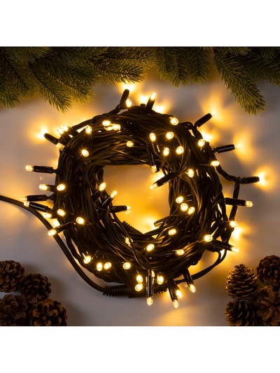 Гирлянда «Нить» 10 м, IP65, УМС, тёмная каучуковая нить, 100 LED, свечение тёплое белое, 220 В