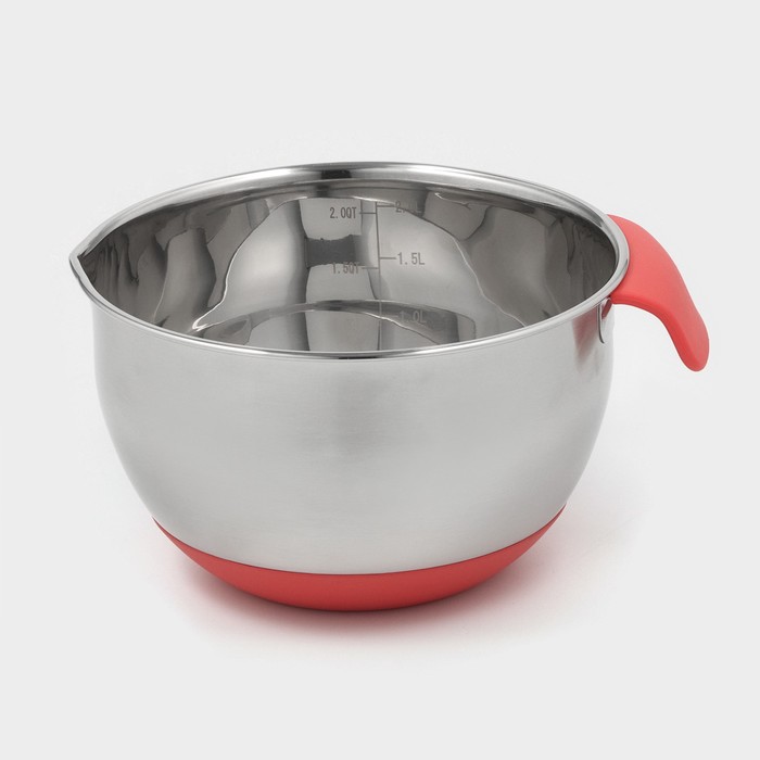 Миска из нержавеющей стали, 2 л, 22×19×11,5 см, с противоскользящим дном и мерной шкалой, силиконовая ручка - Фото 1