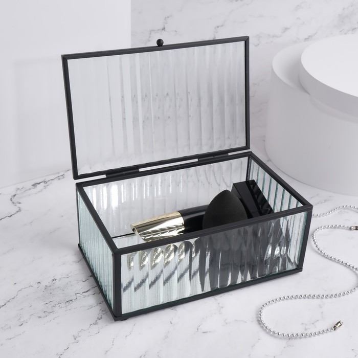 Органайзер для хранения «Ribbed», 1 секция, с крышкой, стеклянный, с зеркальным основанием, 17 × 10,5 см, цвет прозрачный/чёрный - Фото 1