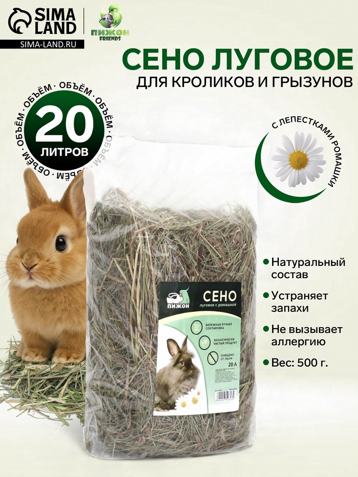 Сено луговое «Пижон» лепестки ромашки, для грызунов, 20 л, 500 г - Фото 1