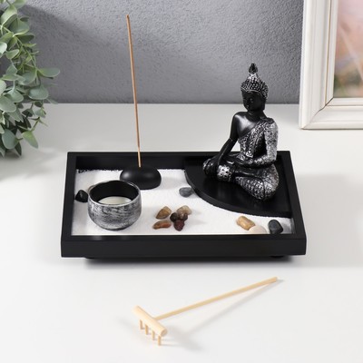 Японский сад камней настольный «Дзен. Будда в серебристом одеянии», с набором аксессуаров, 21.7×15.6×14.8 см